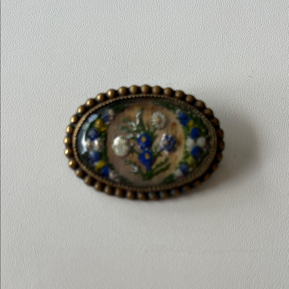 AS IS Floral Oval Brooch with Brass Accents